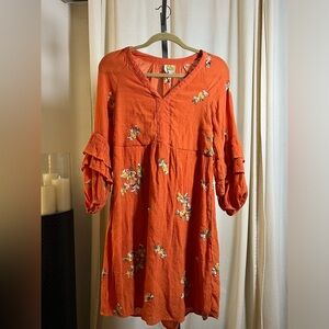 Fig and Flower Anthropoloie Dress Small Coral Orange Enbroidered Flowers Boho